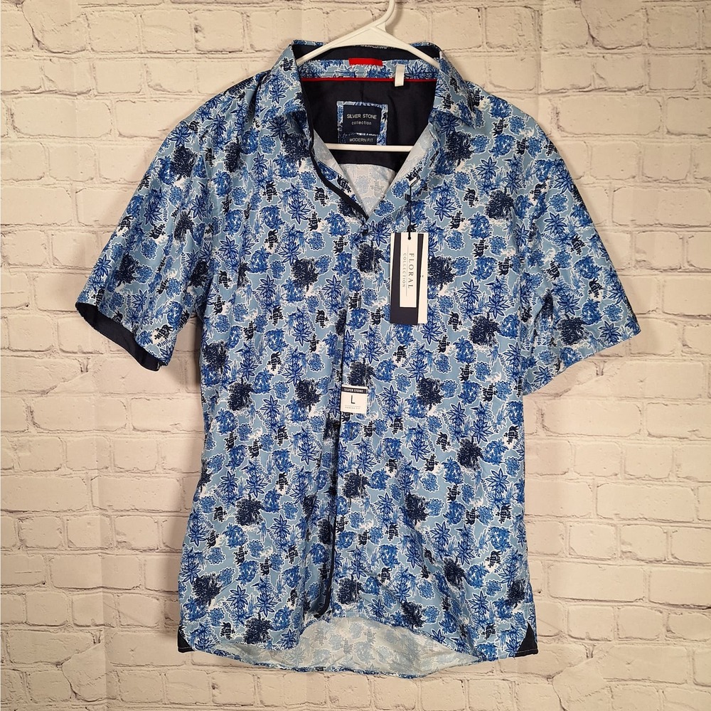 NWT $129 Silver Stone Blue Floral Summer Shirt, Modern Fit, Men's Large, New